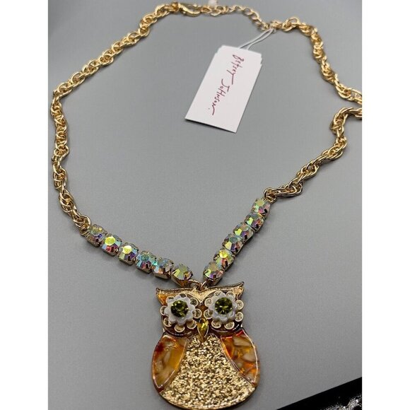 Betsey Johnson Gold Glitter Green Eye Owl Pendant Pave Detail Necklace Set-2 PC - Picture 5 of 5